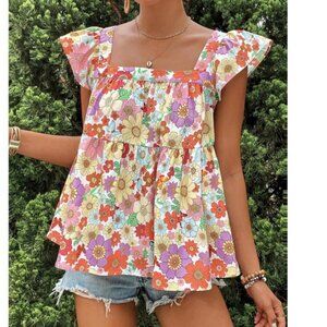 Boho Floral Print Ruffle Cap Sleeve Flowy Blouse